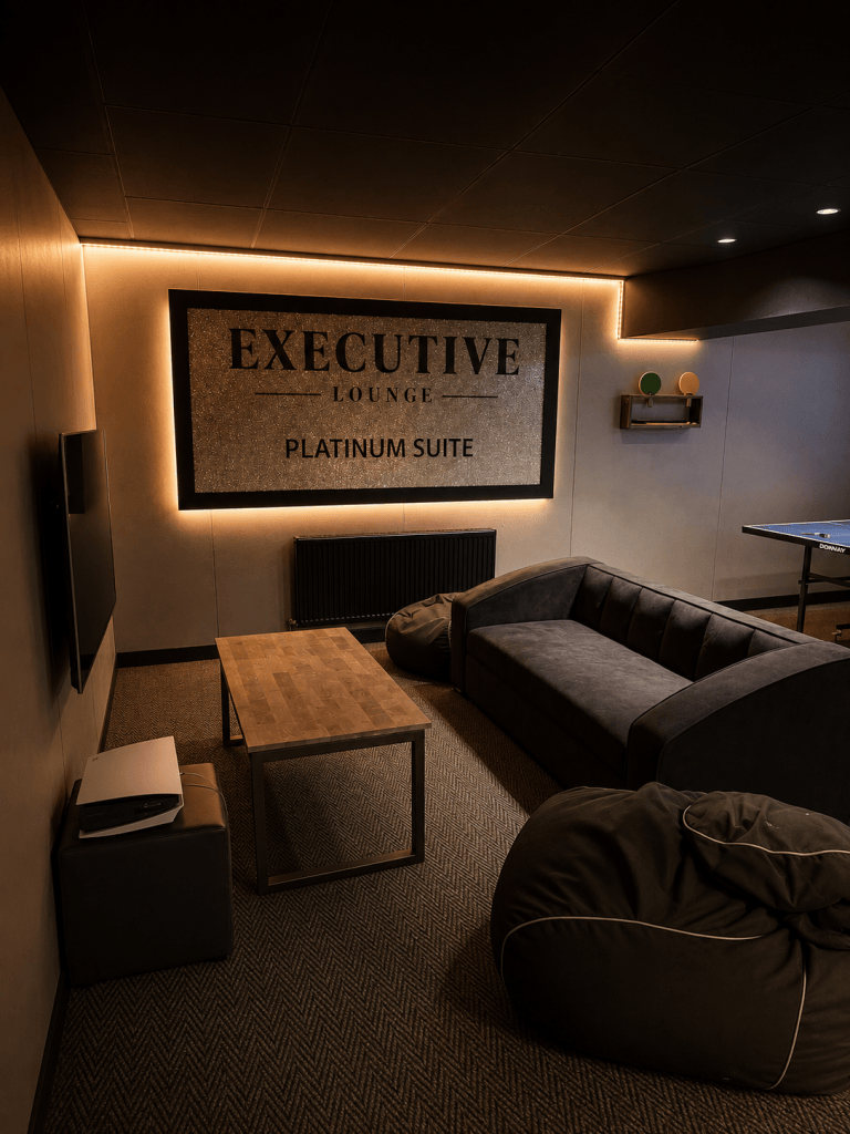 Platinum Suite PS5 sofa and 55-inch Smart TV at Executive Lounge